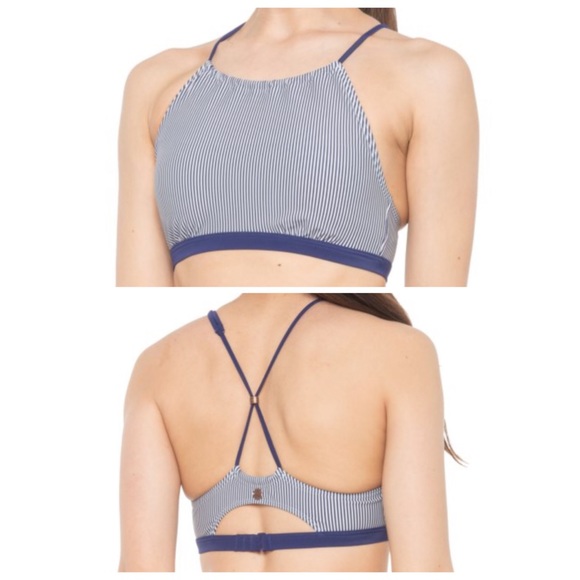PRANA NWT Brina High Neck Swim Bikini Top Striped Navy Blue Large - Picture 1 of 10